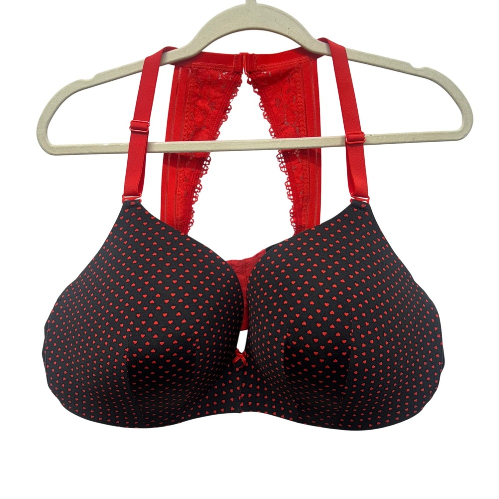 Cacique Simply Wire Free Plunge Bra 48C Black Red Heart Lace Racerback Plus Size